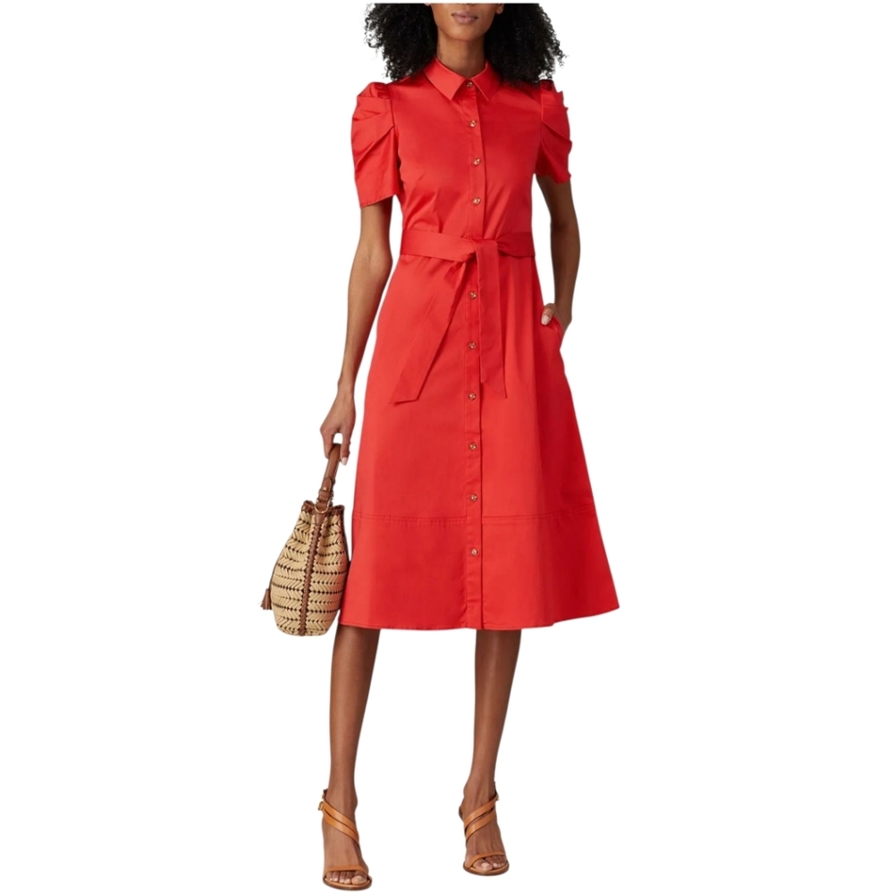 Shoshanna Coral-Red Button-Front Midi Shirt Dress